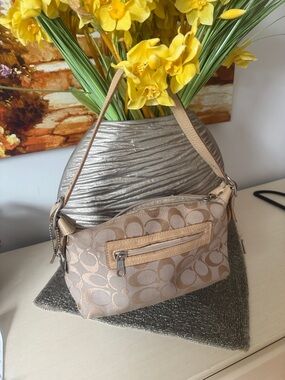 Neutral Signature-Print Mini Shoulder Bag in Beige